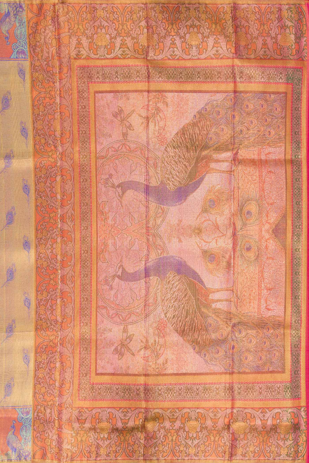 Close up image of the pallu of Gold Dual Tone Kanjivaram Tissue Silk Saree with Zari Brocade on the body and Fancy Border. 