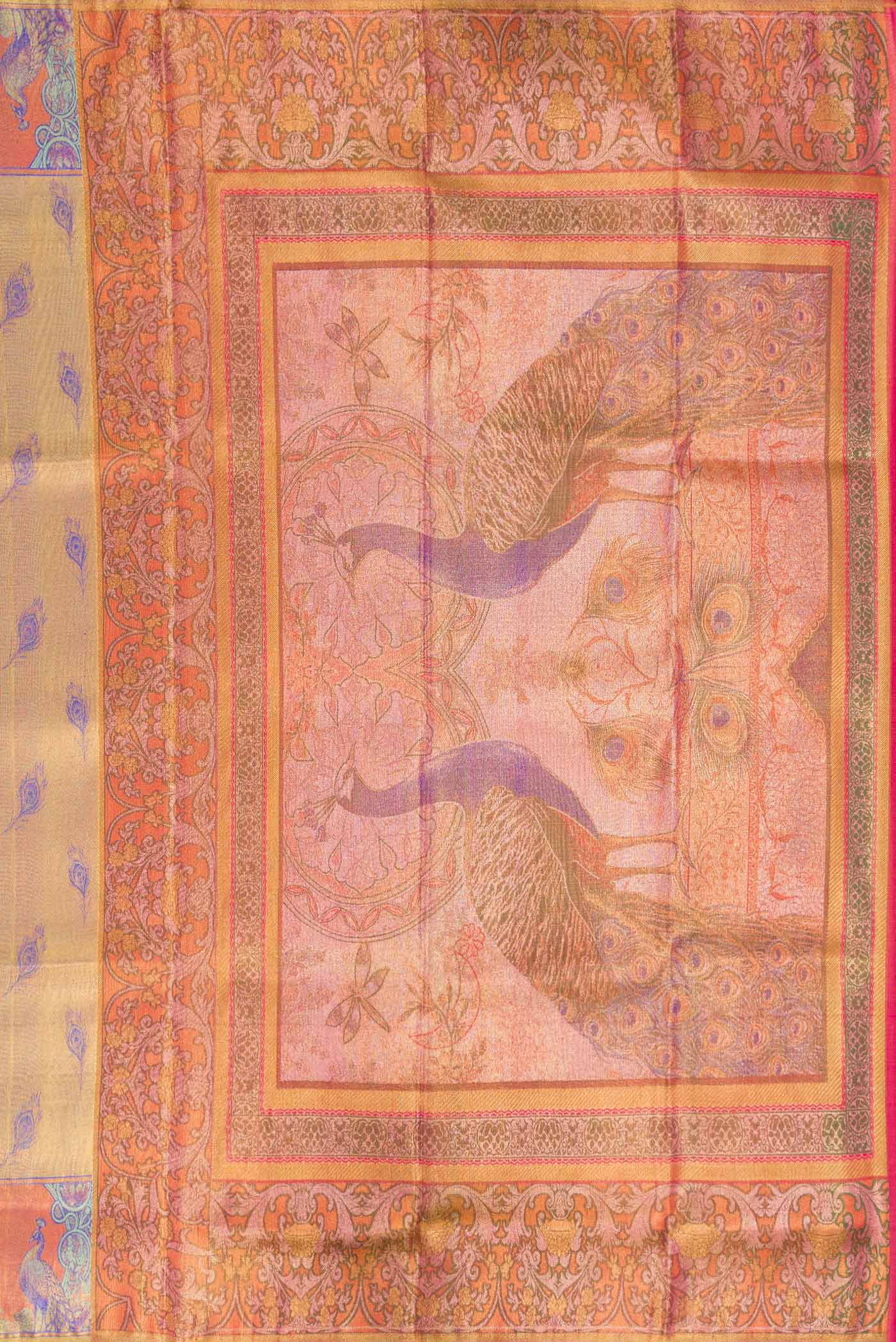 Close up image of the pallu of Gold Dual Tone Kanjivaram Tissue Silk Saree with Zari Brocade on the body and Fancy Border. 