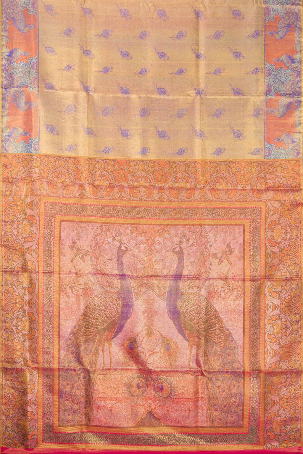 Flat view of Gold Dual Tone Kanjivaram Tissue Silk Saree with Zari Brocade on the body and Fancy Border. 