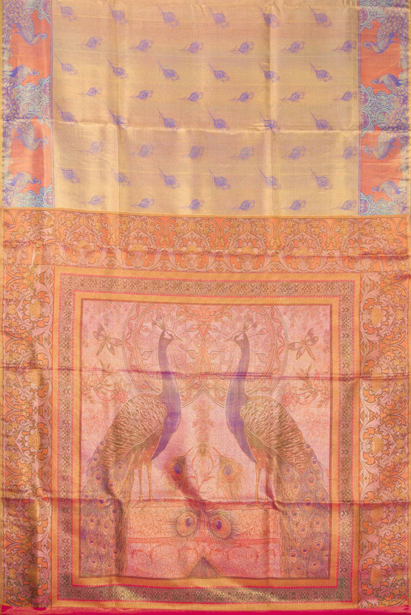 Flat view of Gold Dual Tone Kanjivaram Tissue Silk Saree with Zari Brocade on the body and Fancy Border. 