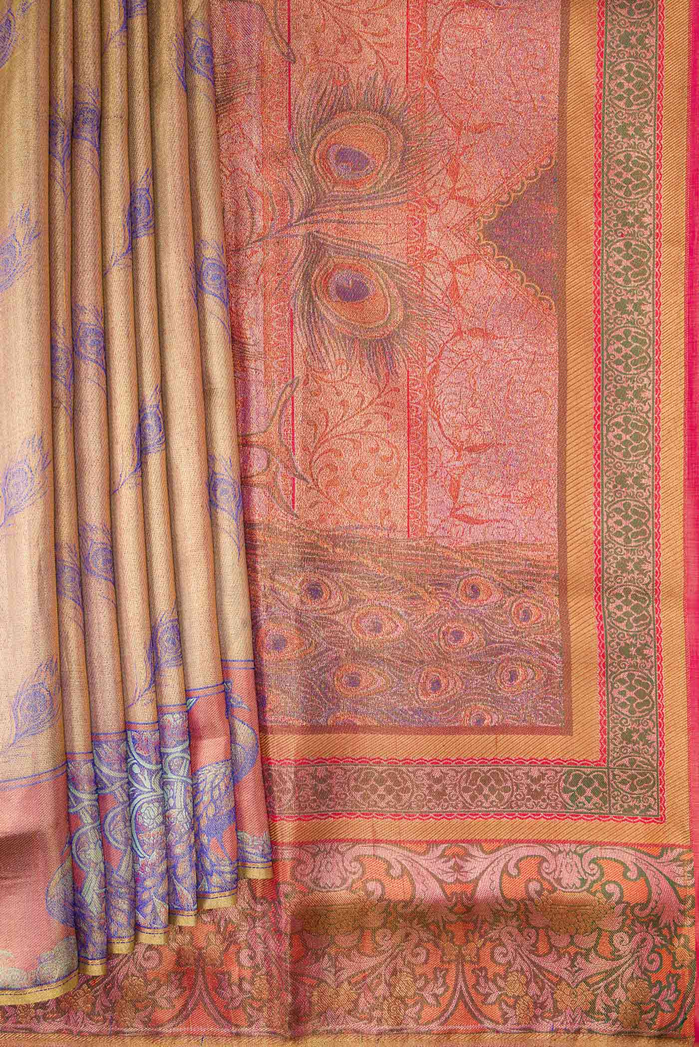 Pleats and pallu of Gold Dual Tone Kanjivaram Tissue Silk Saree with Zari Brocade on the body and Fancy Border. 