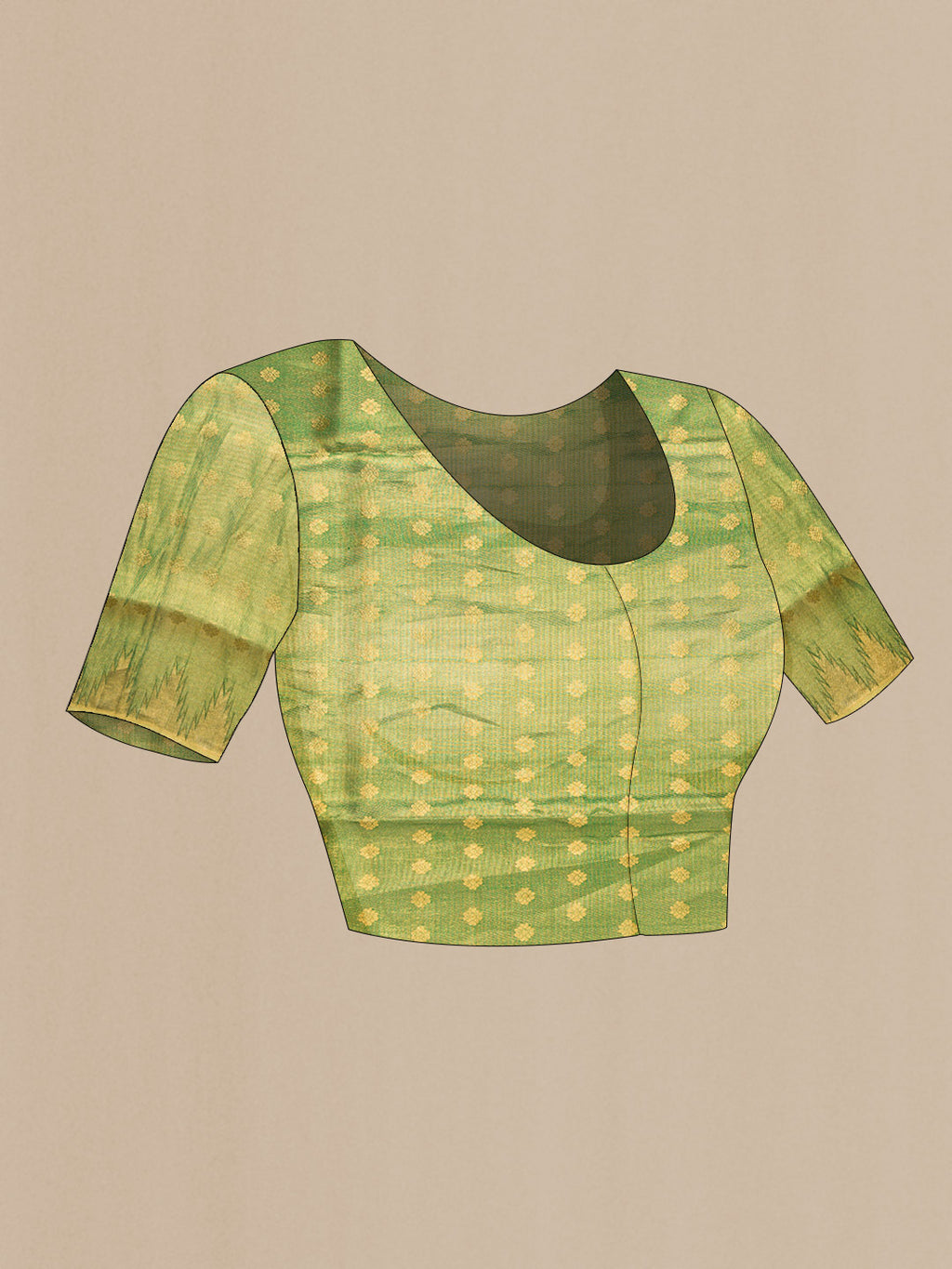 Close up image of the blouse of Gold Dual Tone Kanjivaram Tissue Silk Saree with Zari Brocade on the body and Fancy Border. 