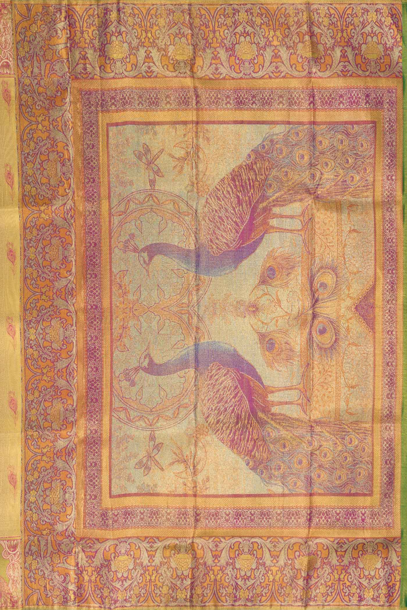 Close up image of the pallu of Gold Dual Tone Kanjivaram Tissue Silk Saree with Zari Brocade on the body and Fancy Border. 