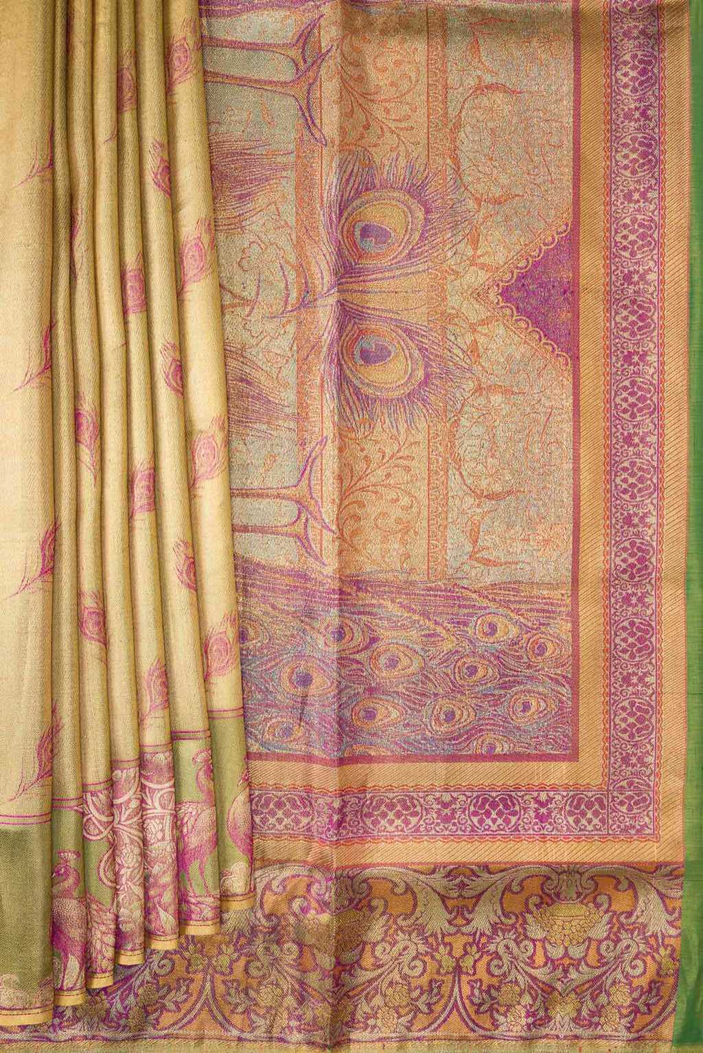 Pleats and pallu of Gold Dual Tone Kanjivaram Tissue Silk Saree with Zari Brocade on the body and Fancy Border. 