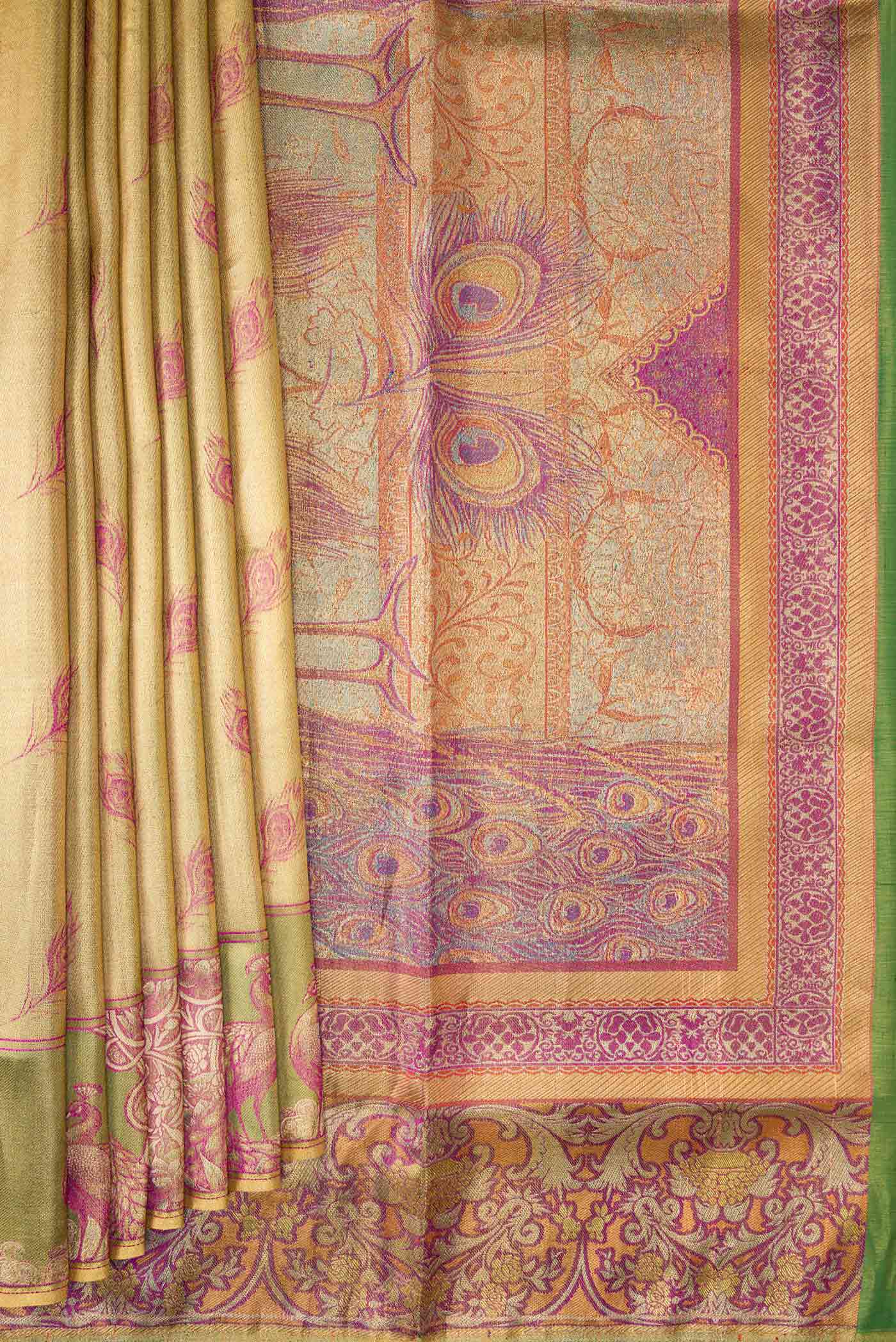 Pleats and pallu of Gold Dual Tone Kanjivaram Tissue Silk Saree with Zari Brocade on the body and Fancy Border. 