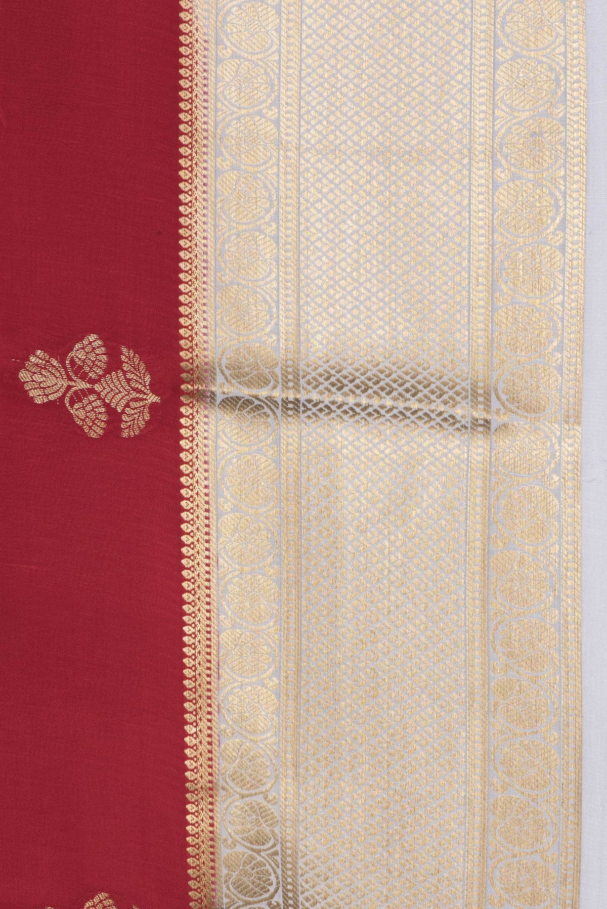 Border image of Red Dual Tone Mysore Silk Saree with Zari Butta on the body and Zari Border. 