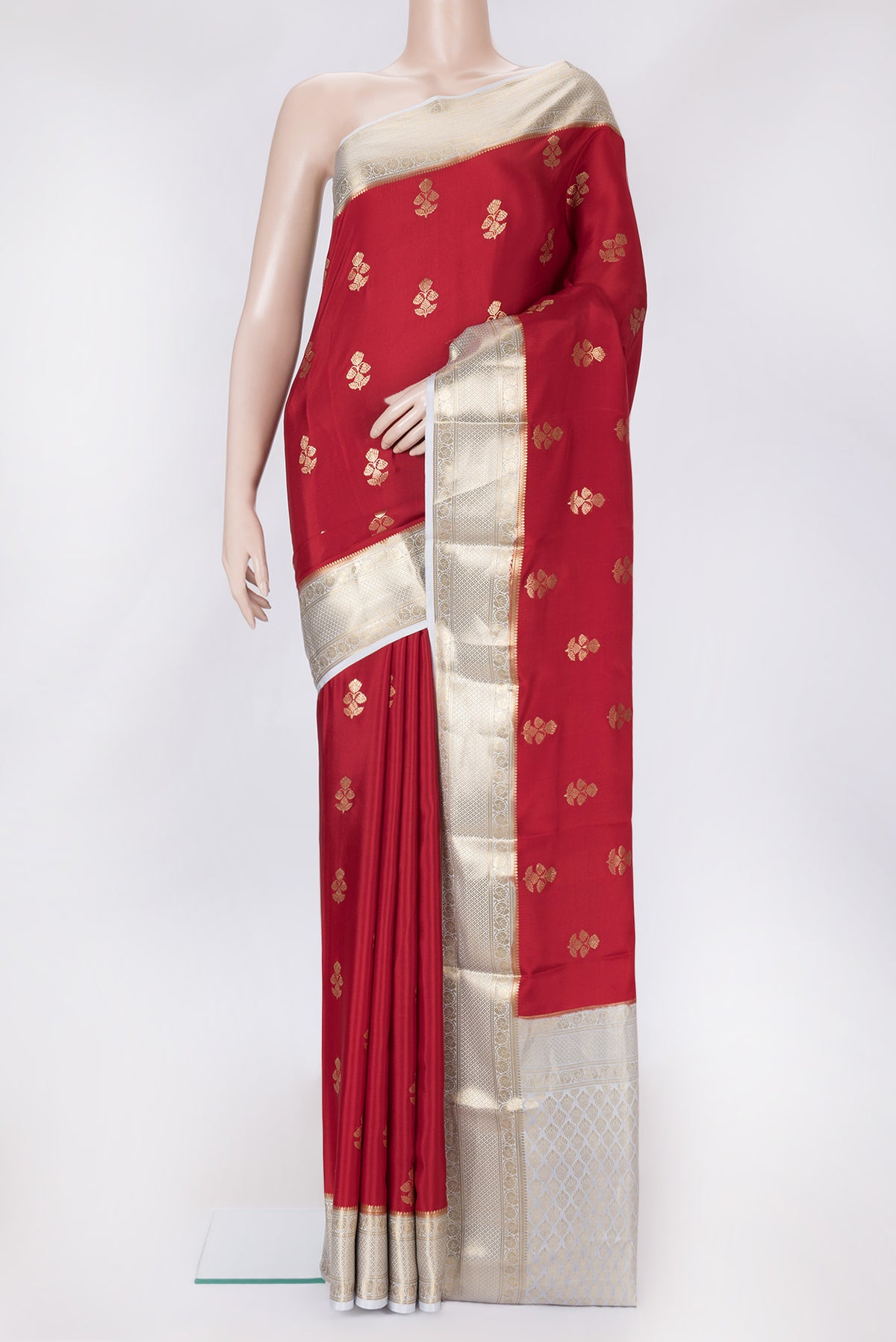 Red Dual Tone Mysore Silk Saree with Zari Butta on the body and Zari Border.  displayed on a mannequin