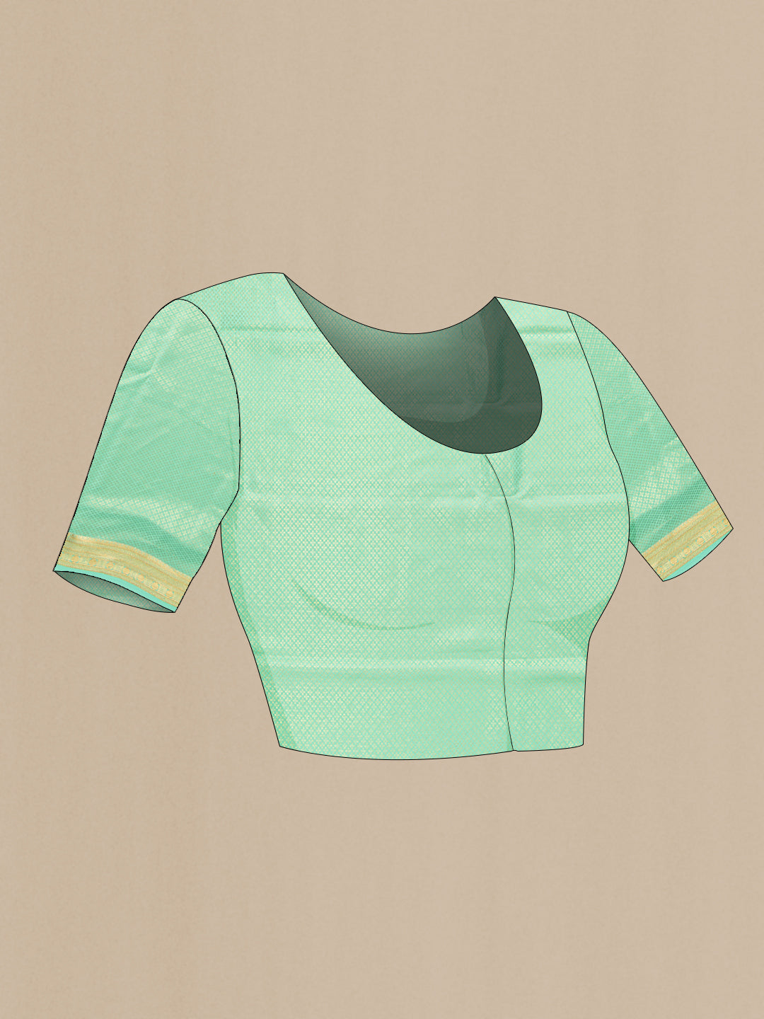 Close up image of the blouse of Sea Green Dual Tone Mysore Silk Saree with Zari Butta on the body and Zari Border. 