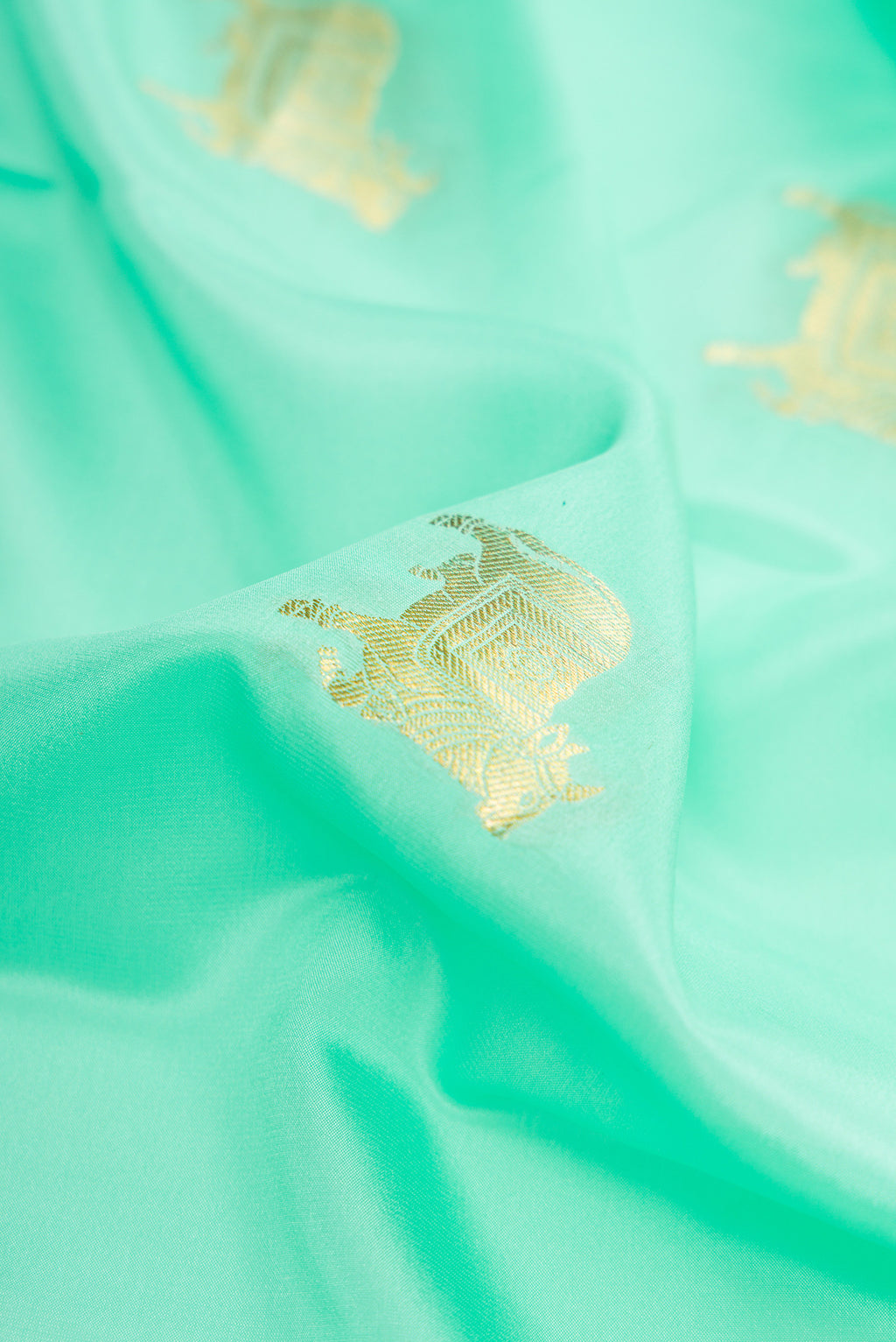 Close up of Sea Green Dual Tone Mysore Silk Saree with Zari Butta on the body and Zari Border.  displaying folds