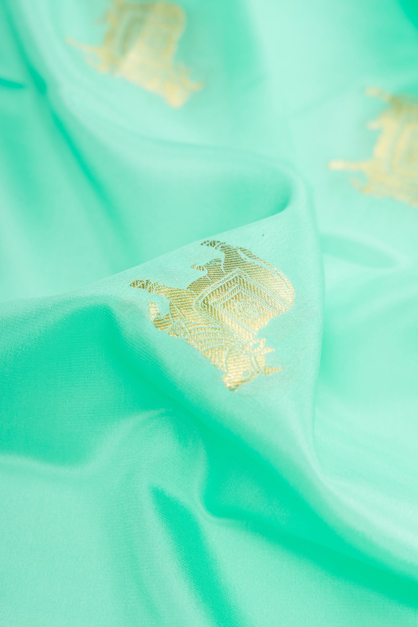 Close up of Sea Green Dual Tone Mysore Silk Saree with Zari Butta on the body and Zari Border.  displaying folds