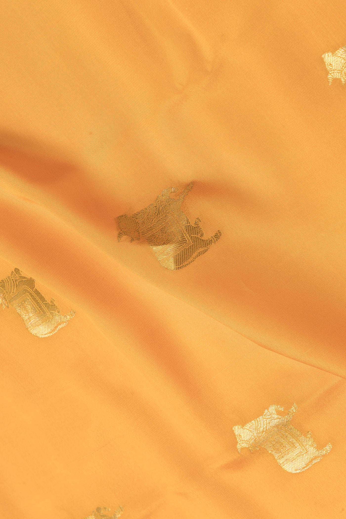 Close up of Yellow Dual Tone Mysore Silk Saree with Zari Butta on the body and Zari Border.  displaying folds