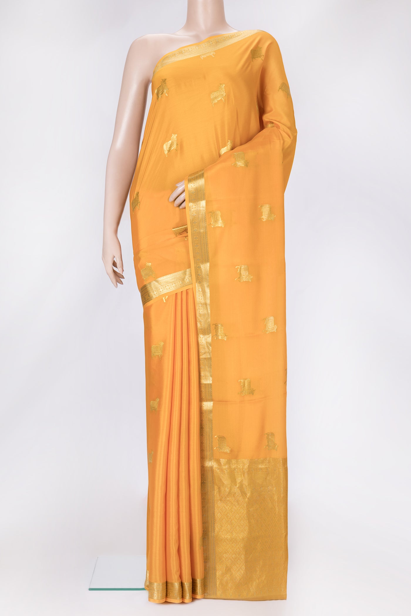Yellow Dual Tone Mysore Silk Saree with Zari Butta on the body and Zari Border.  displayed on a mannequin