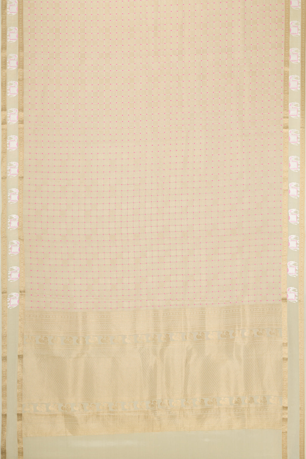 Flat view of Beige Dual Tone Mysore Silk Saree with Zari Brocade on the body and Fancy Border. 