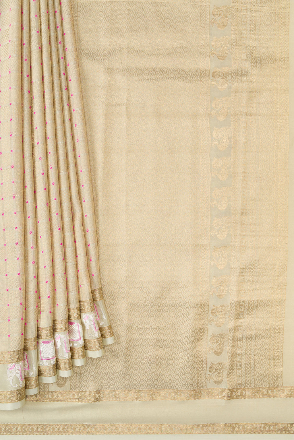 Pleats and pallu of Beige Dual Tone Mysore Silk Saree with Zari Brocade on the body and Fancy Border. 