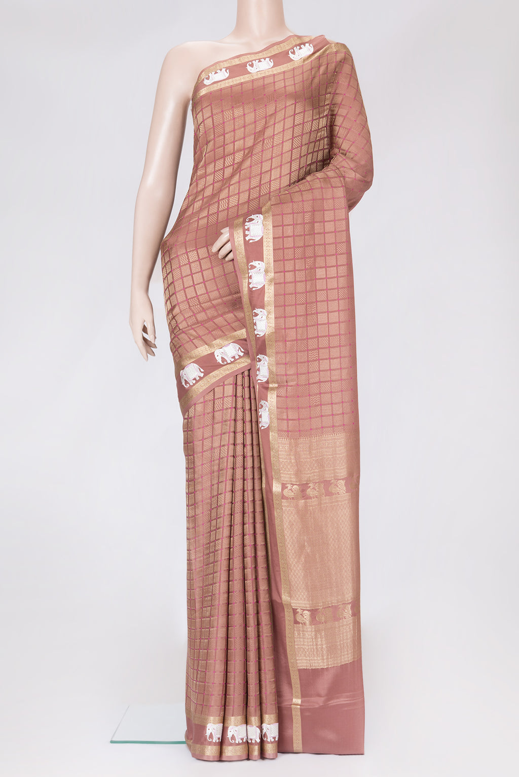 Brown Dual Tone Mysore Silk Saree with Zari Brocade on the body and Embroidery Border.  displayed on a mannequin
