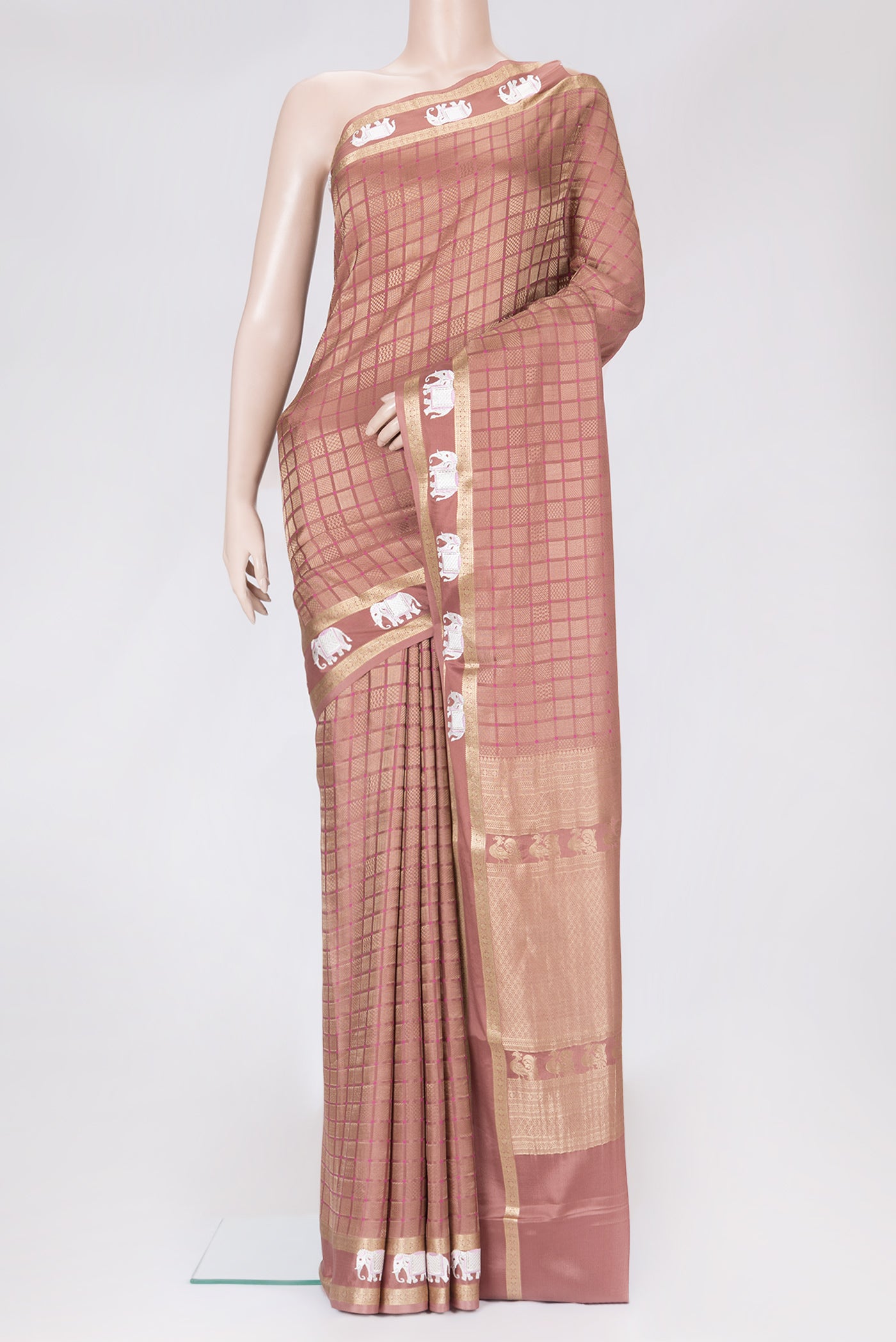 Brown Dual Tone Mysore Silk Saree with Zari Brocade on the body and Embroidery Border.  displayed on a mannequin