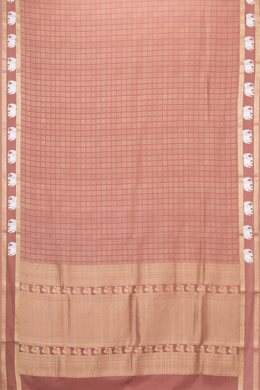 Flat view of Brown Dual Tone Mysore Silk Saree with Zari Brocade on the body and Embroidery Border. 