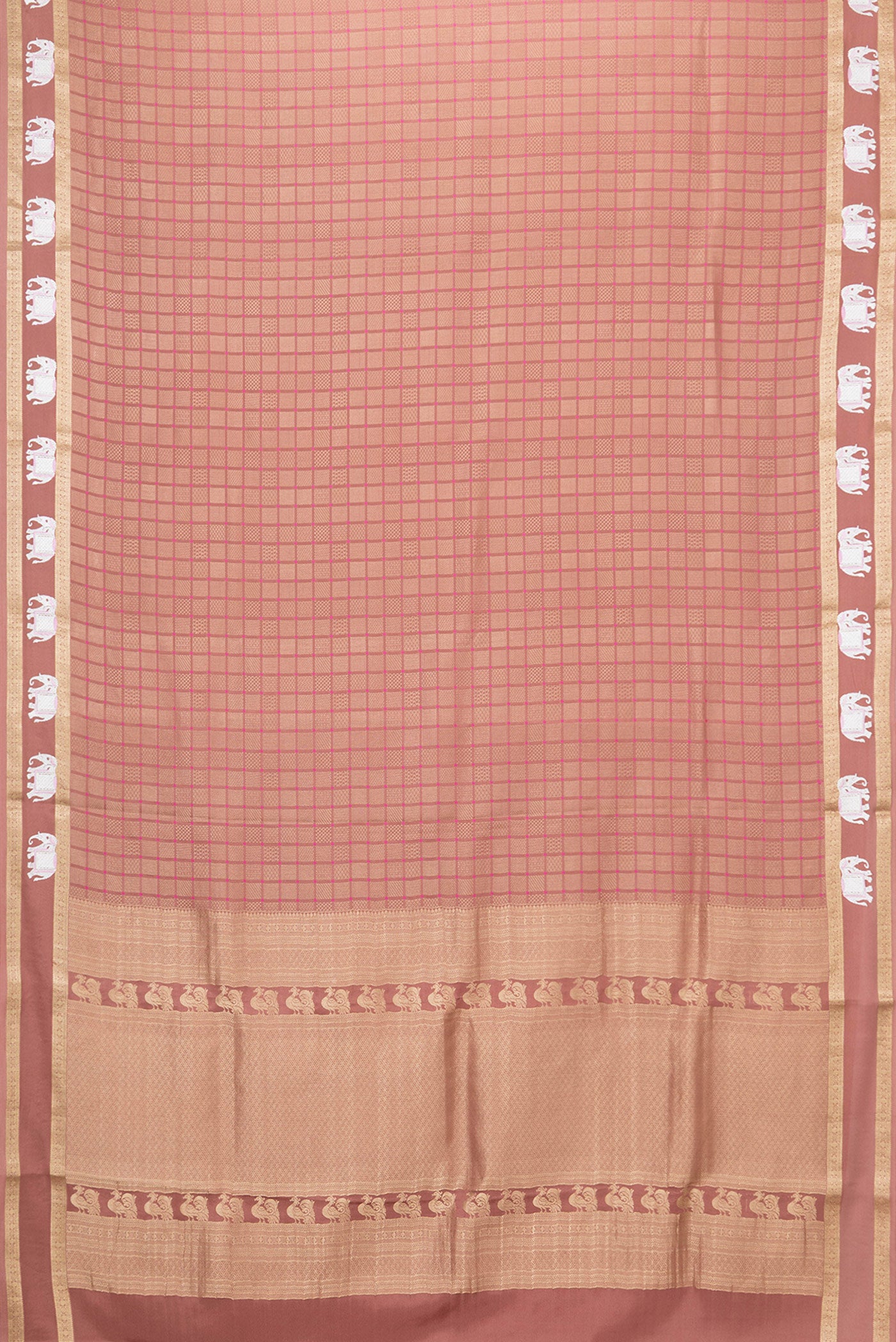 Flat view of Brown Dual Tone Mysore Silk Saree with Zari Brocade on the body and Embroidery Border. 