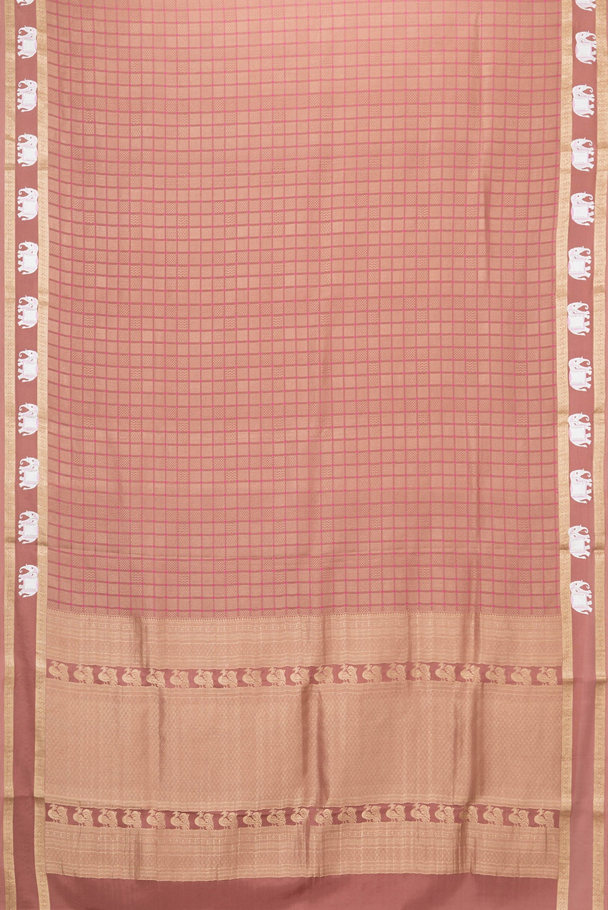 Flat view of Brown Dual Tone Mysore Silk Saree with Zari Brocade on the body and Embroidery Border. 