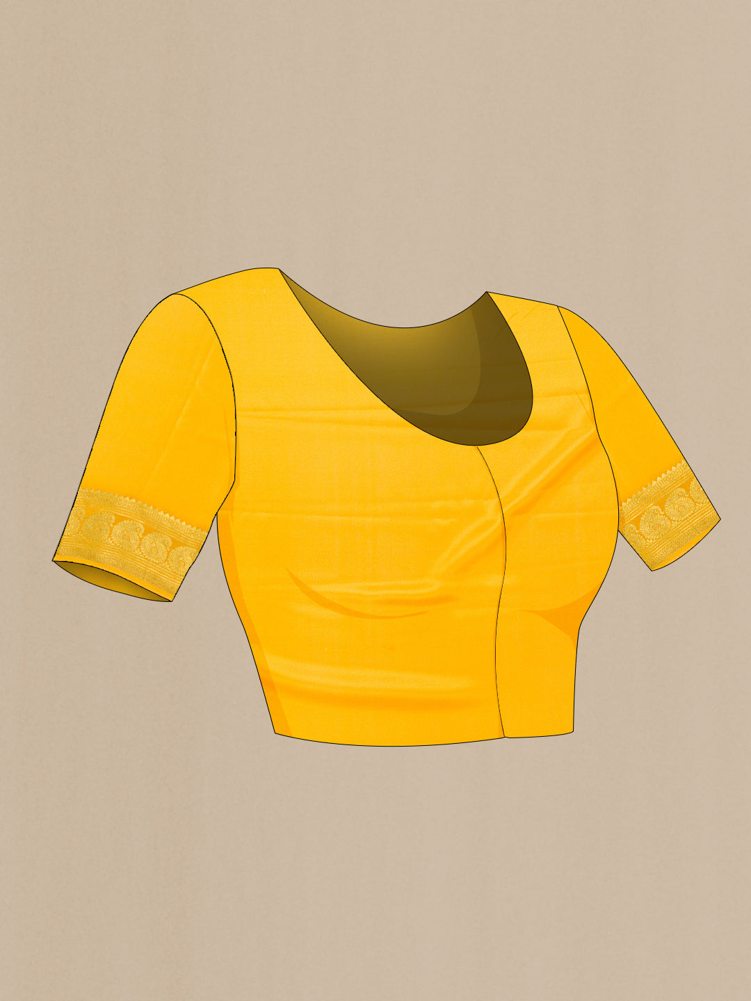 Close up image of the blouse of Mustard Dual Tone Mysore Silk Saree with Plain Body and Fancy Border. 