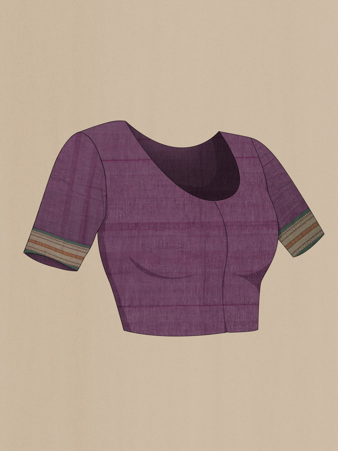 Close up image of the blouse of Purple Kanchi Cotton Saree with Thread Butta on the body and Thread Border. 