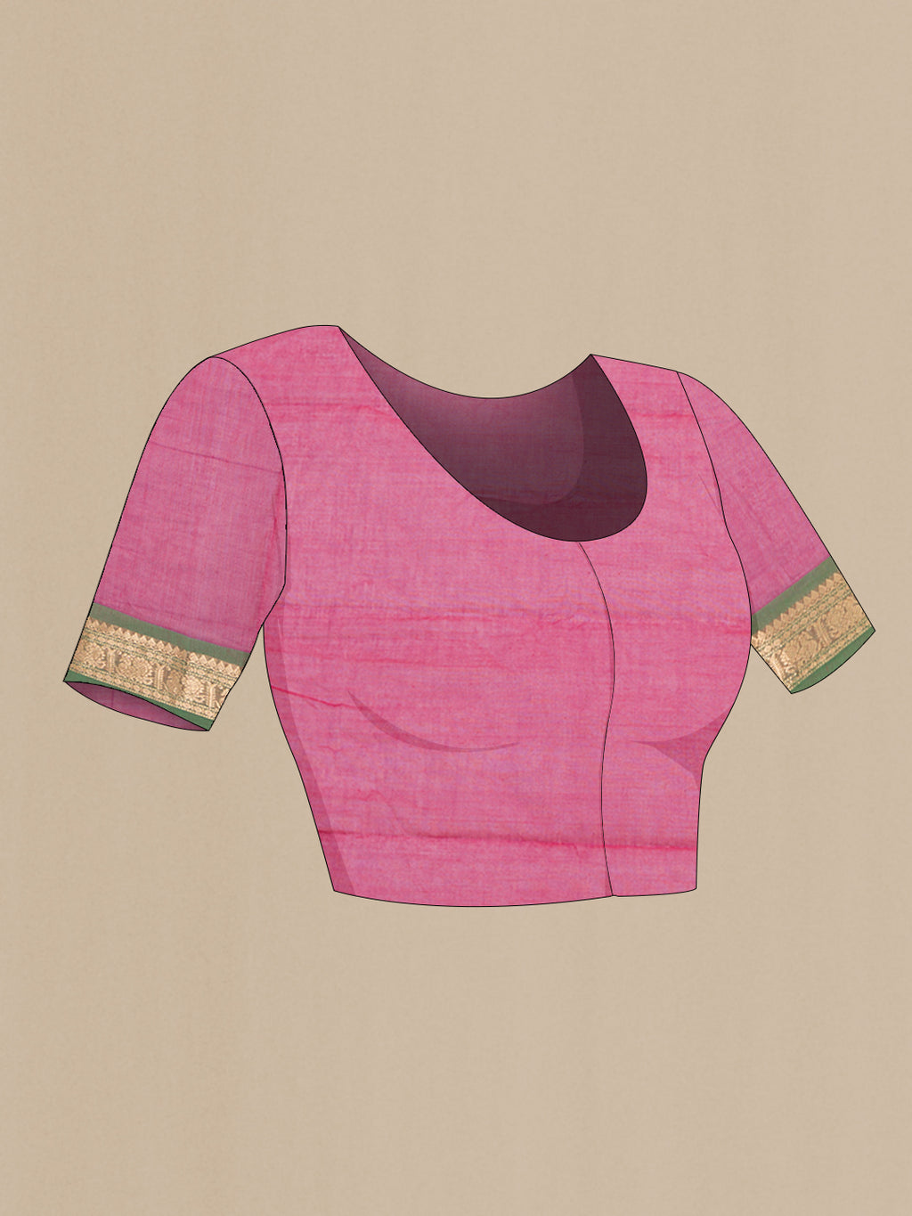 Close up image of the blouse of Pink Kanchi Cotton Saree with Zari Butta on the body and Zari Border. 