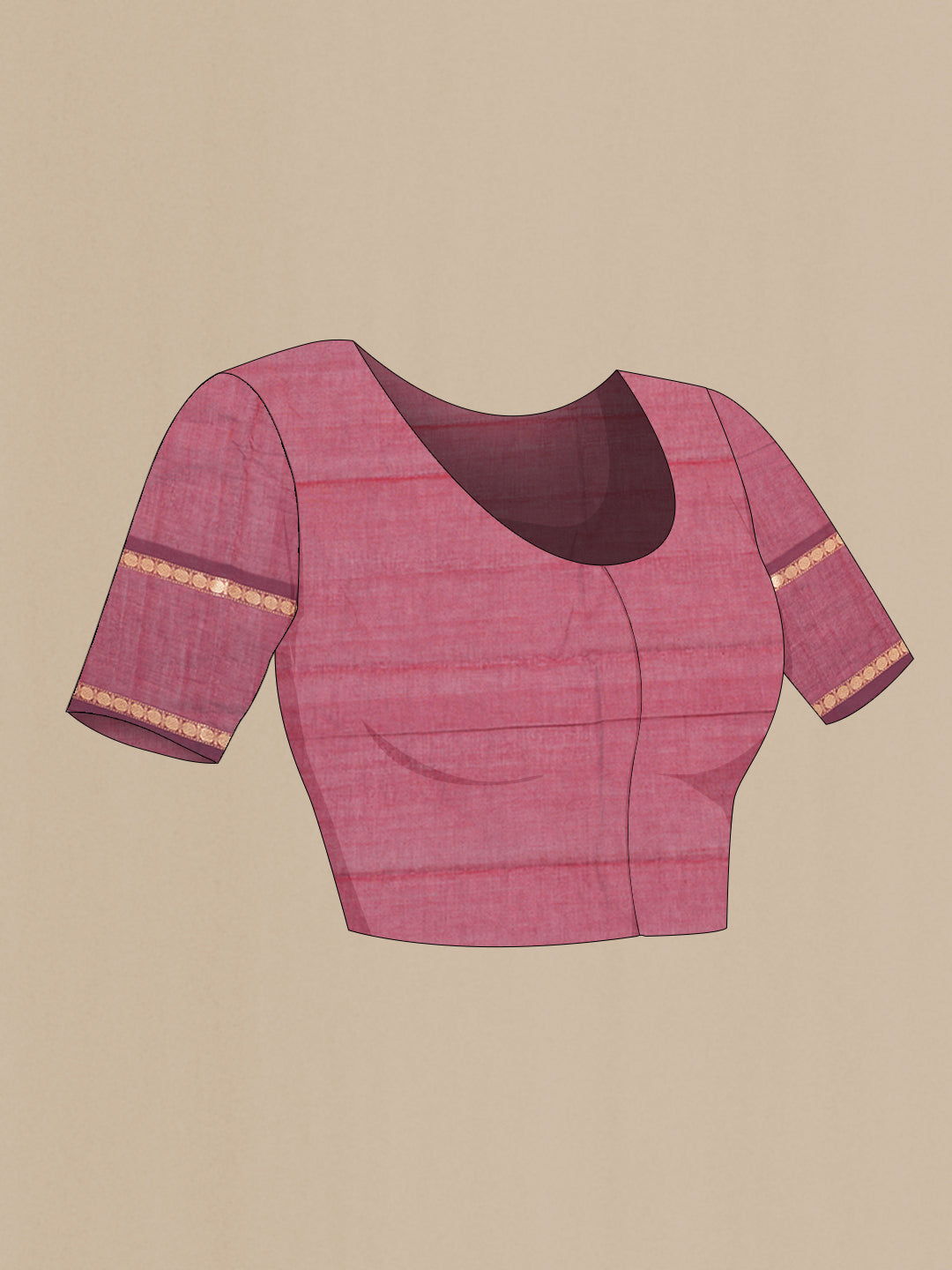 Close up image of the blouse of Maroon Kanchi Cotton Saree with Stripes on the body and Zari Border. 