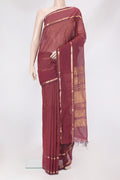 Maroon Kanchi Cotton Saree with Stripes on the body and Zari Border.  displayed on a mannequin