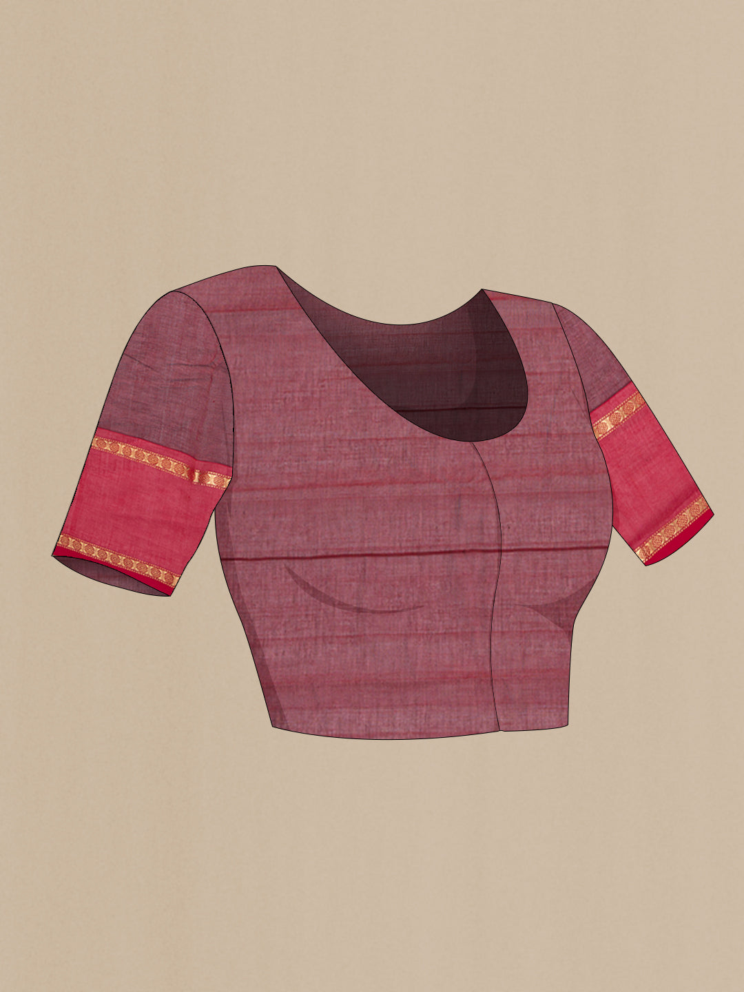 Close up image of the blouse of Maroon Kanchi Cotton Saree with Stripes on the body and Zari Border. 