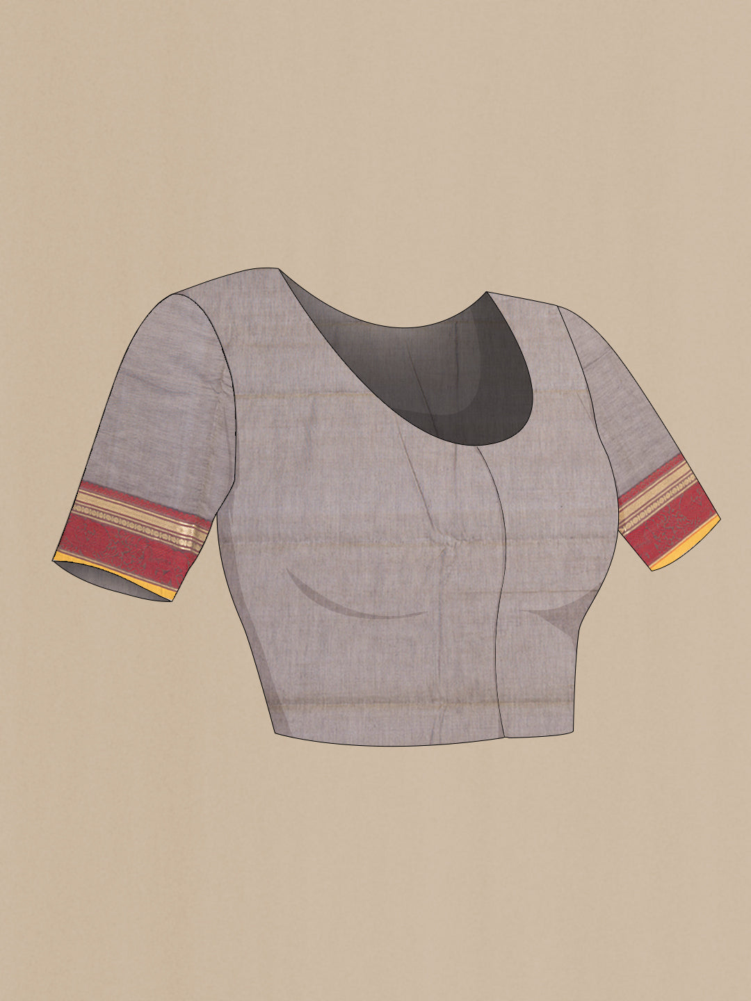Close up image of the blouse of Brown Kanchi Cotton Saree with Thread Butta on the body and Zari And Thread Border. 