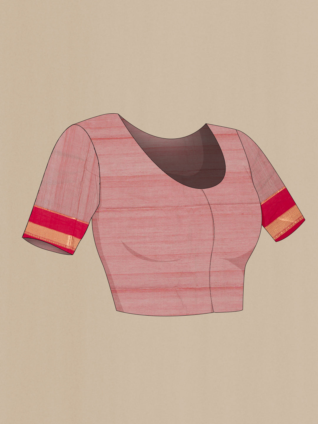 Close up image of the blouse of Rose Gold Kanchi Cotton Saree with Zari Butta on the body and Zari Border. 