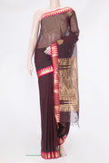 Brown Kanchi Cotton Saree with Zari Butta on the body and Zari Border.  displayed on a mannequin