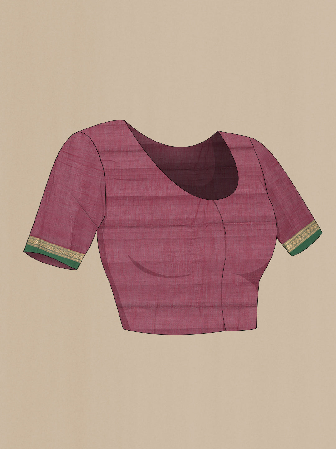 Close up image of the blouse of Maroon Kanchi Cotton Saree with Zari Butta on the body and Zari Border. 