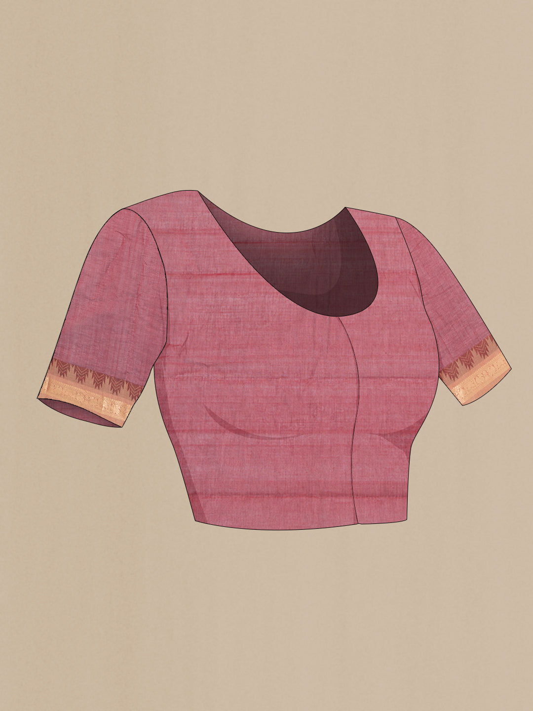 Close up image of the blouse of Maroon Kanchi Cotton Saree with Zari Butta on the body and Temple Border. 