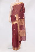 Maroon Kanchi Cotton Saree with Zari Butta on the body and Temple Border.  displayed on a mannequin