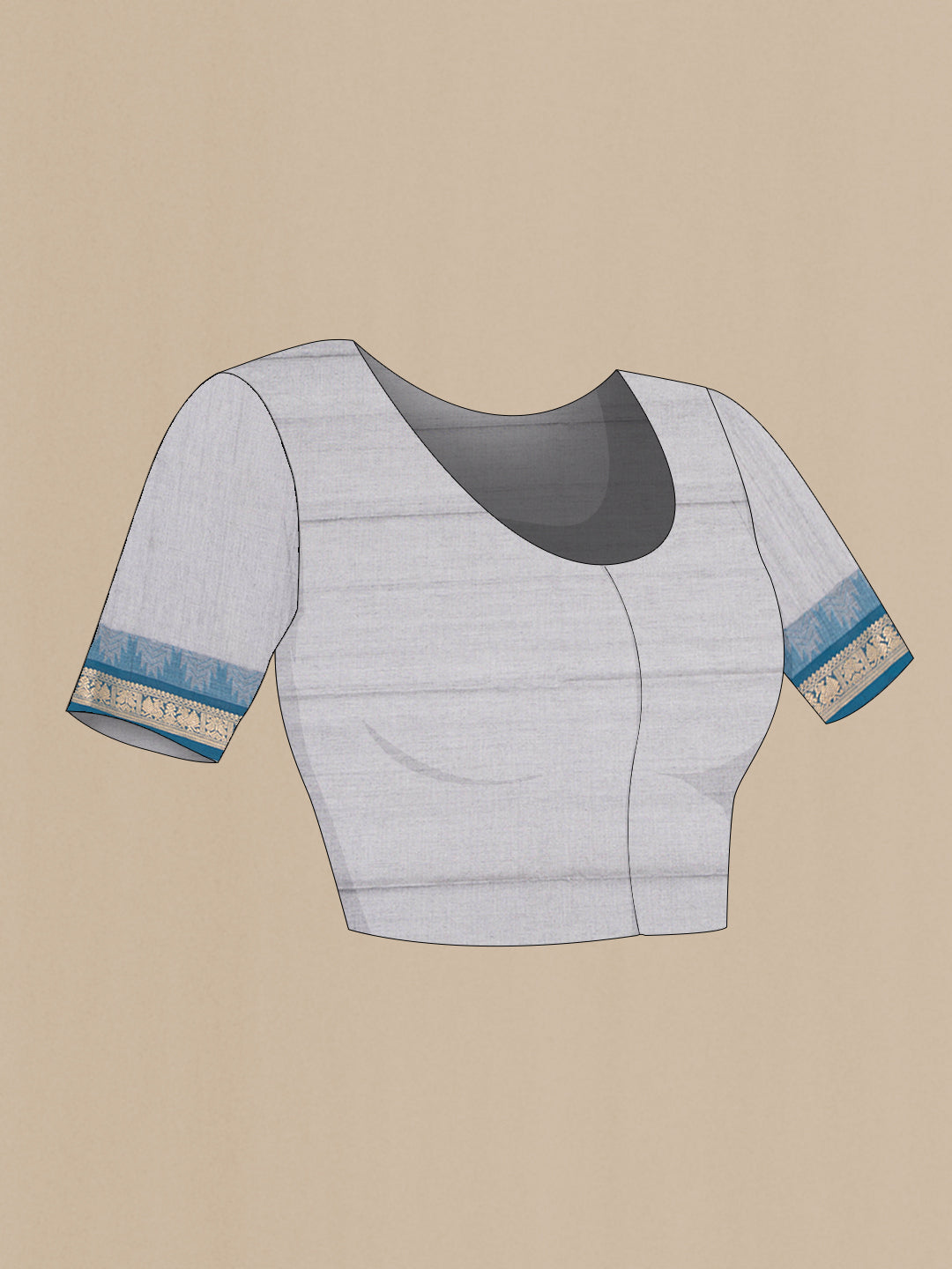 Close up image of the blouse of Grey Kanchi Cotton Saree with Zari Butta on the body and Temple Border. 