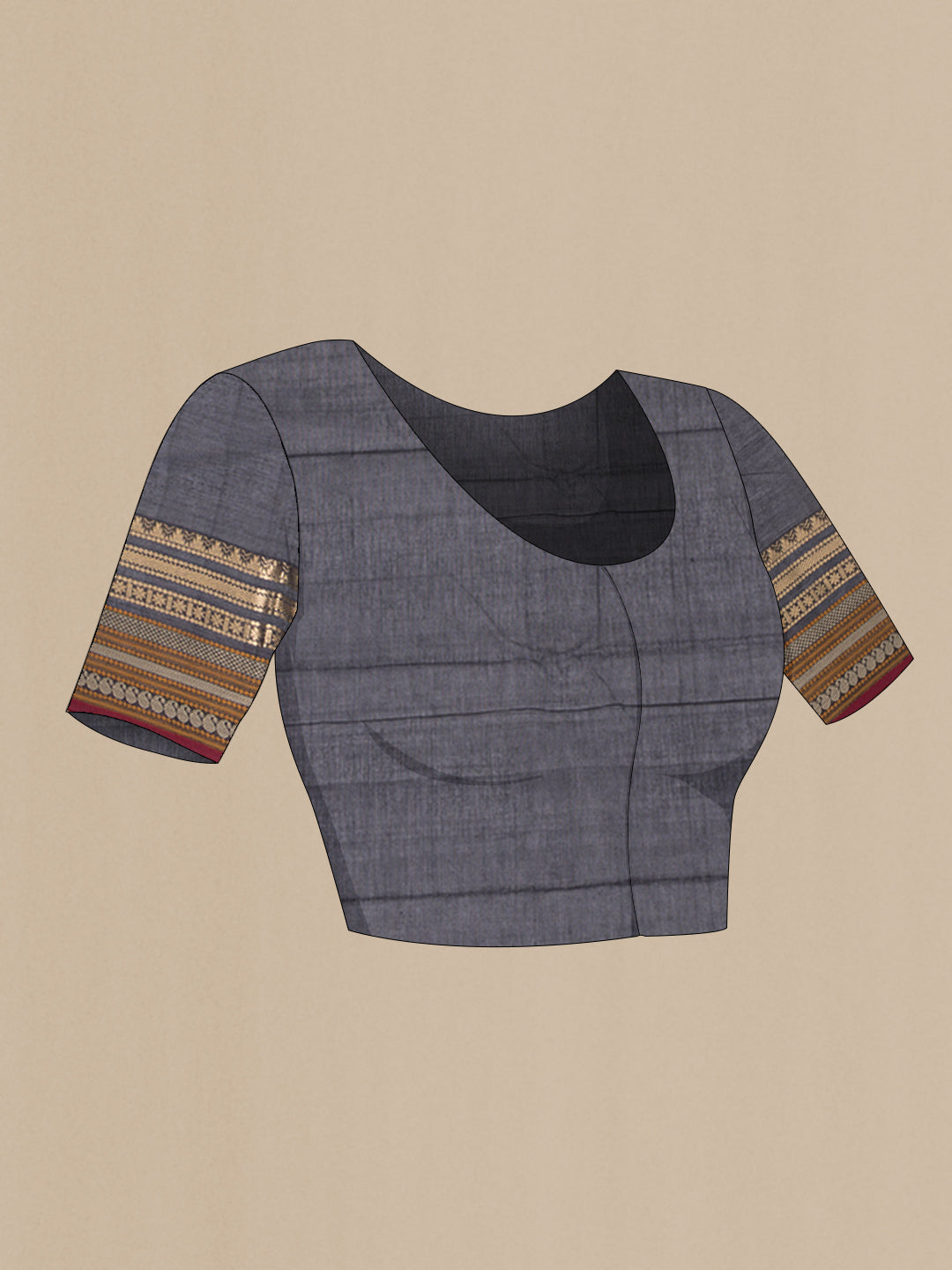Close up image of the blouse of Black Kanchi Cotton Saree with Zari Butta on the body and Zari Border. 