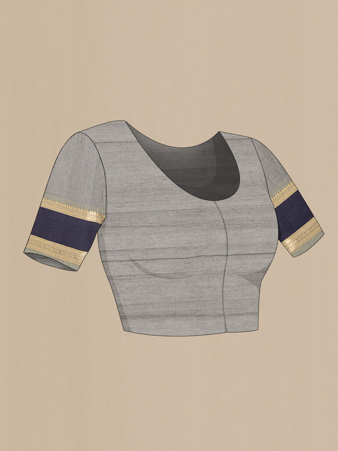 Close up image of the blouse of Grey Kanchi Cotton Saree with Zari Butta on the body and Zari Border. 