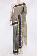 Grey Kanchi Cotton Saree with Zari Butta on the body and Zari Border.  displayed on a mannequin