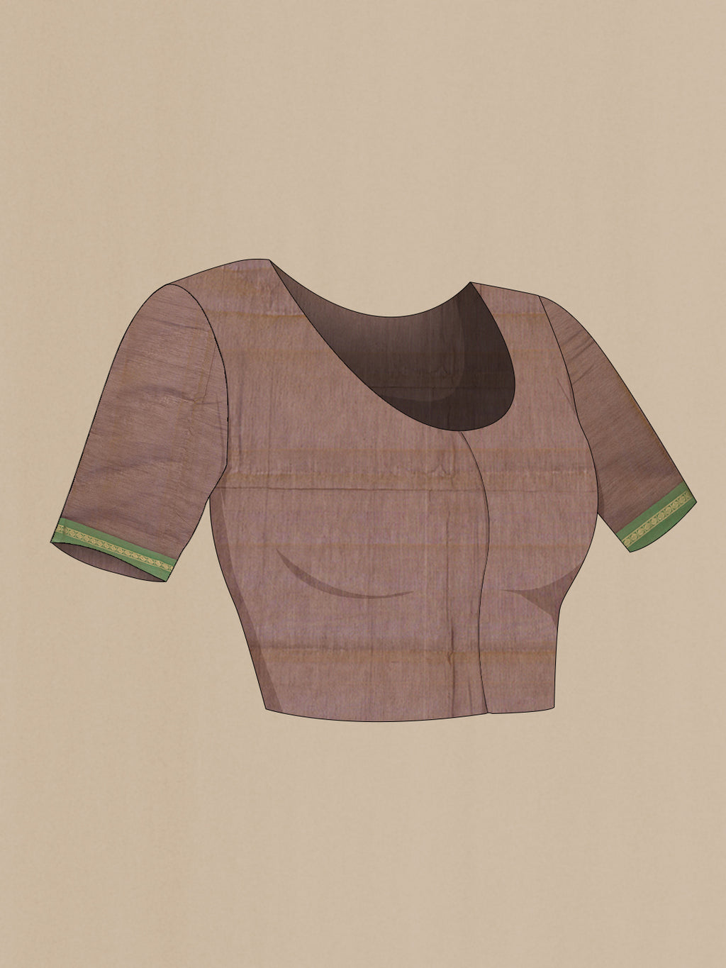 Close up image of the blouse of Brown Kanchi Cotton Saree with Stripes on the body and Zari Border. 