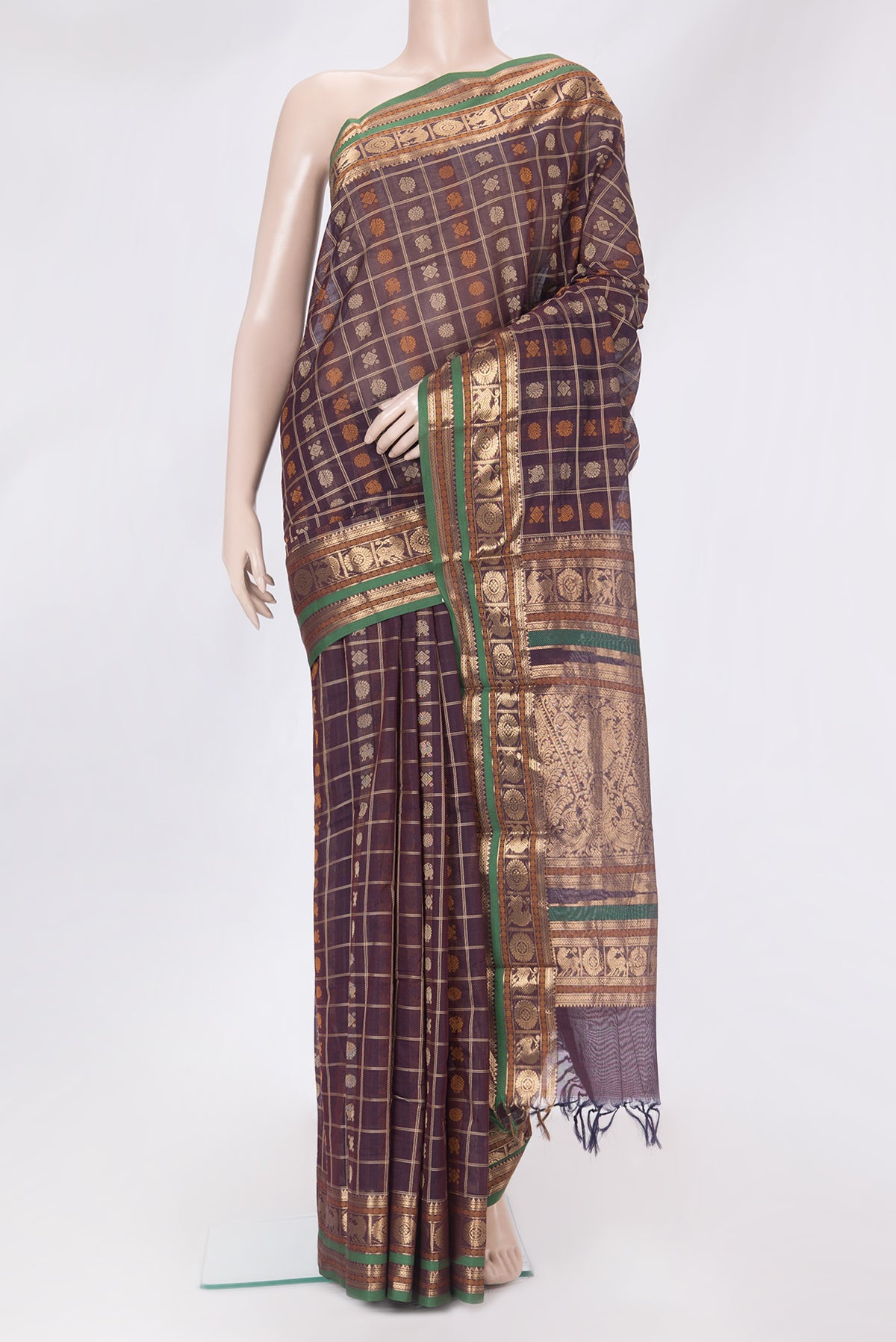 Burgundy Dual Tone Kanchi Cotton Saree with Thread Butta on the body and Zari And Thread Border.  displayed on a mannequin