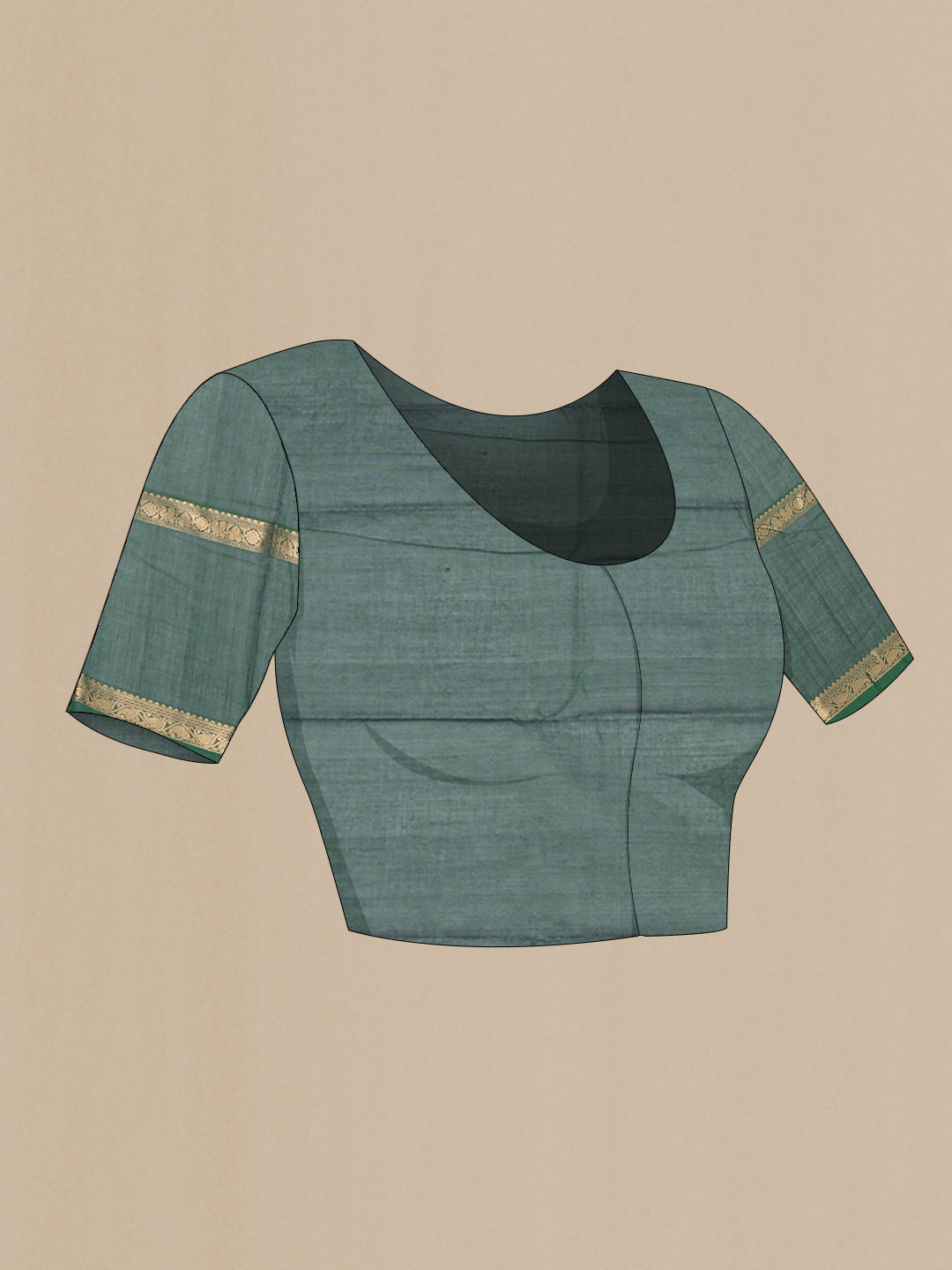 Close up image of the blouse of Bottle Green Kanchi Cotton Saree with Checked design on the body and Zari Border. 