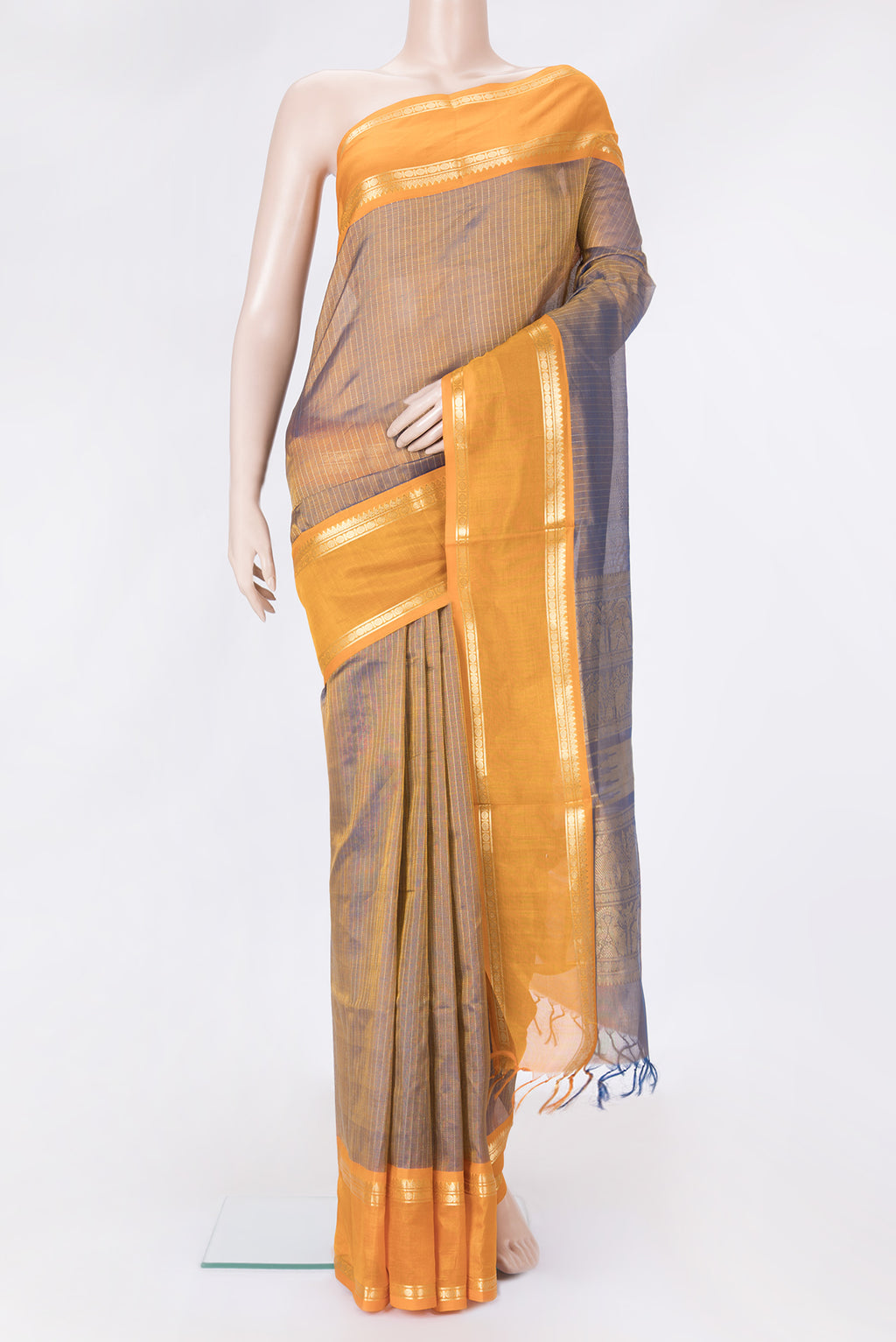 Brown Dual Tone Silk Cotton Saree with Stripes on the body and Zari Border.  displayed on a mannequin