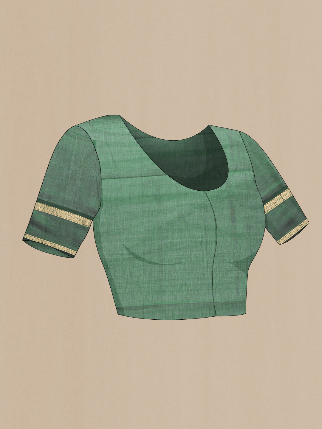 Close up image of the blouse of Green Dual Tone Silk Cotton Saree with Stripes on the body and Zari Border. 