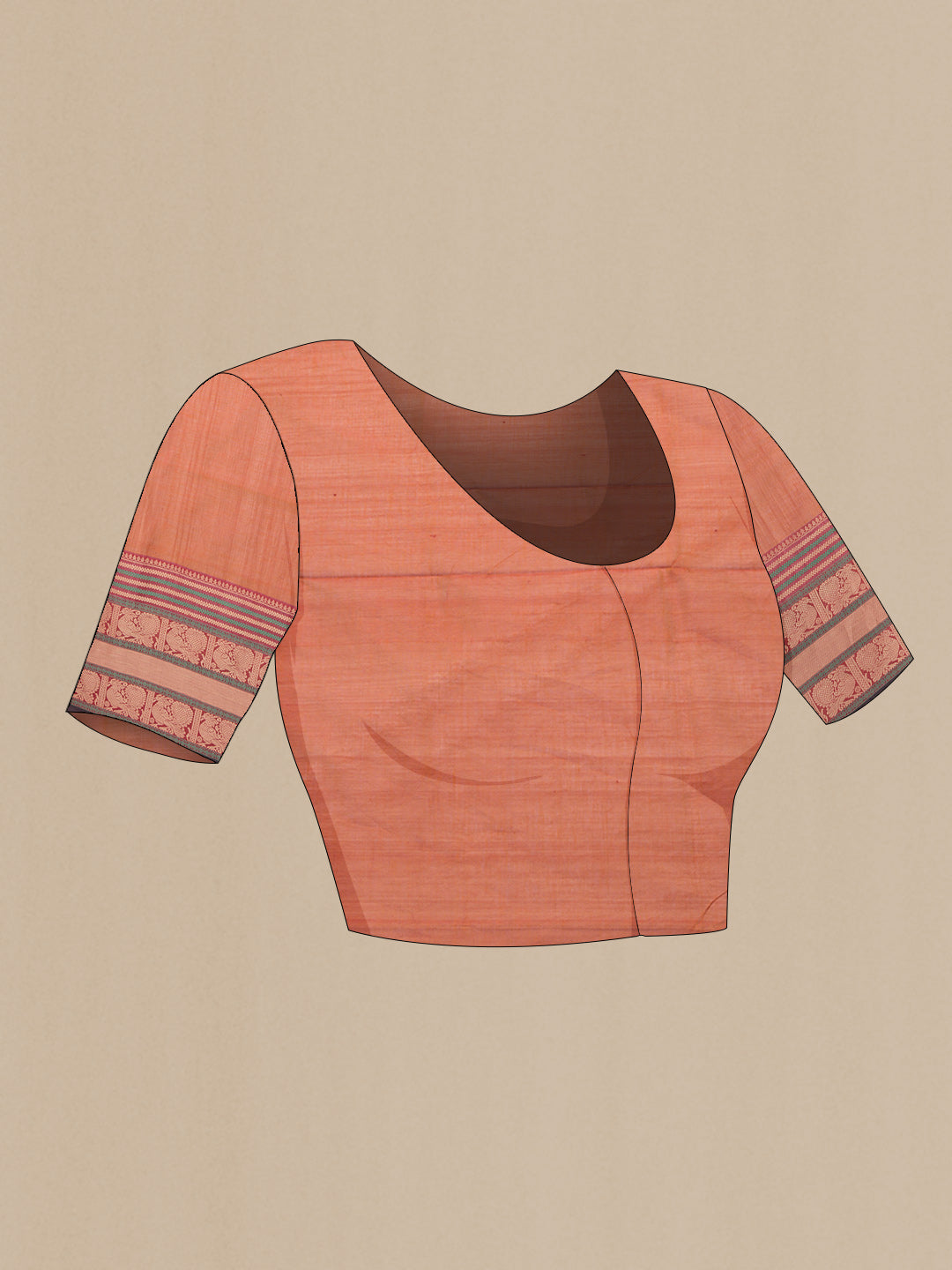 Close up image of the blouse of Brick Orange Dual Tone Silk Cotton Saree with Thread Butta on the body and Thread Border. 