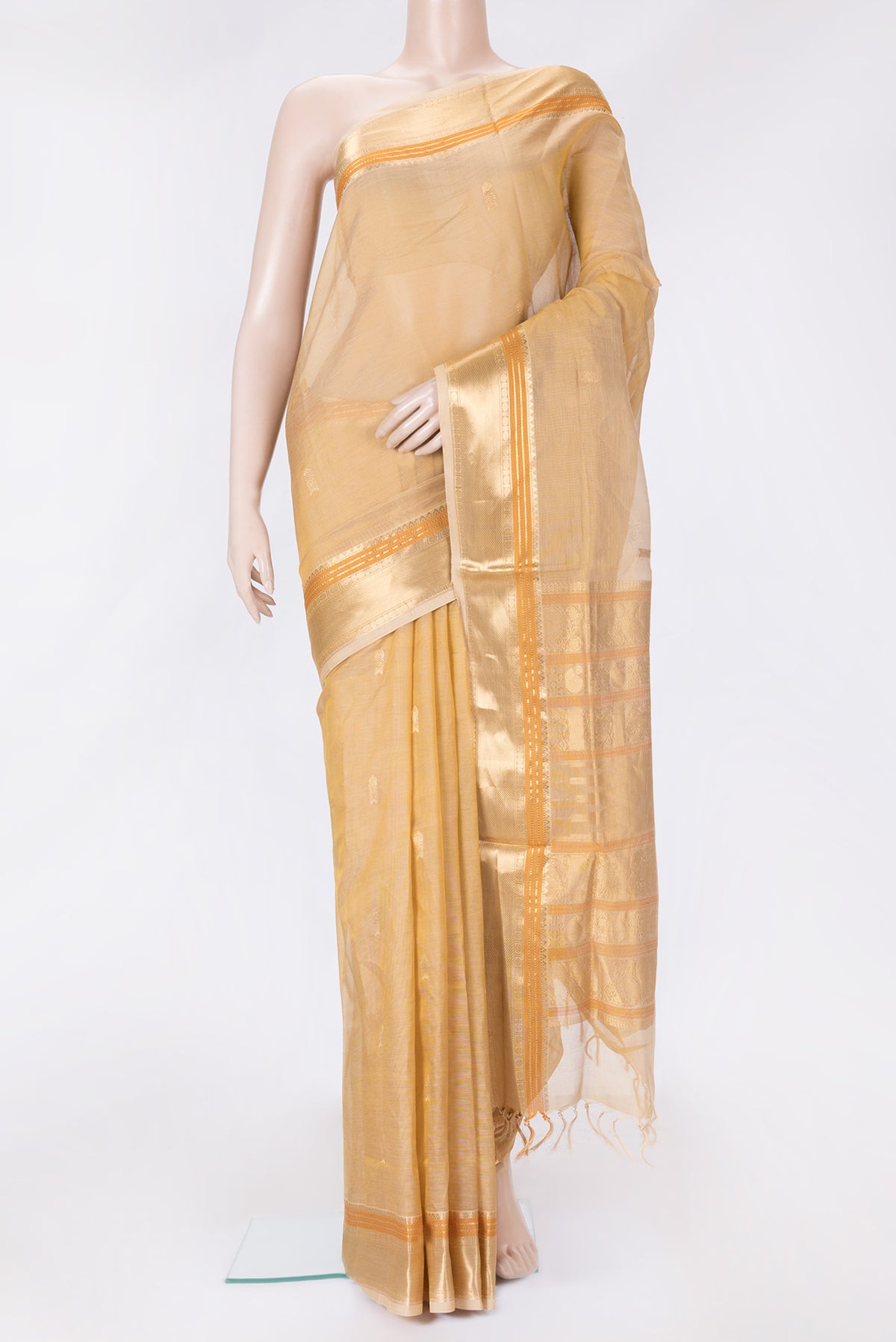 Sandal Dual Tone Silk Cotton Saree with Zari Butta on the body and Zari Border.  displayed on a mannequin