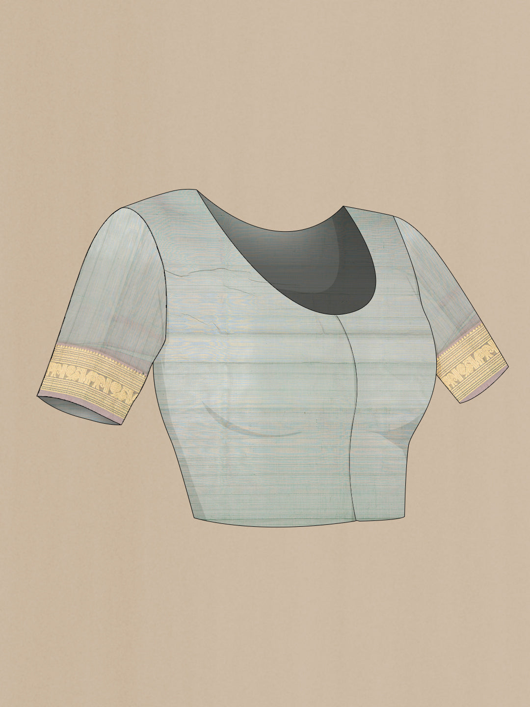 Close up image of the blouse of Grey with Green Color Silk Cotton Saree with Zari Butta on the body and Zari Border. 
