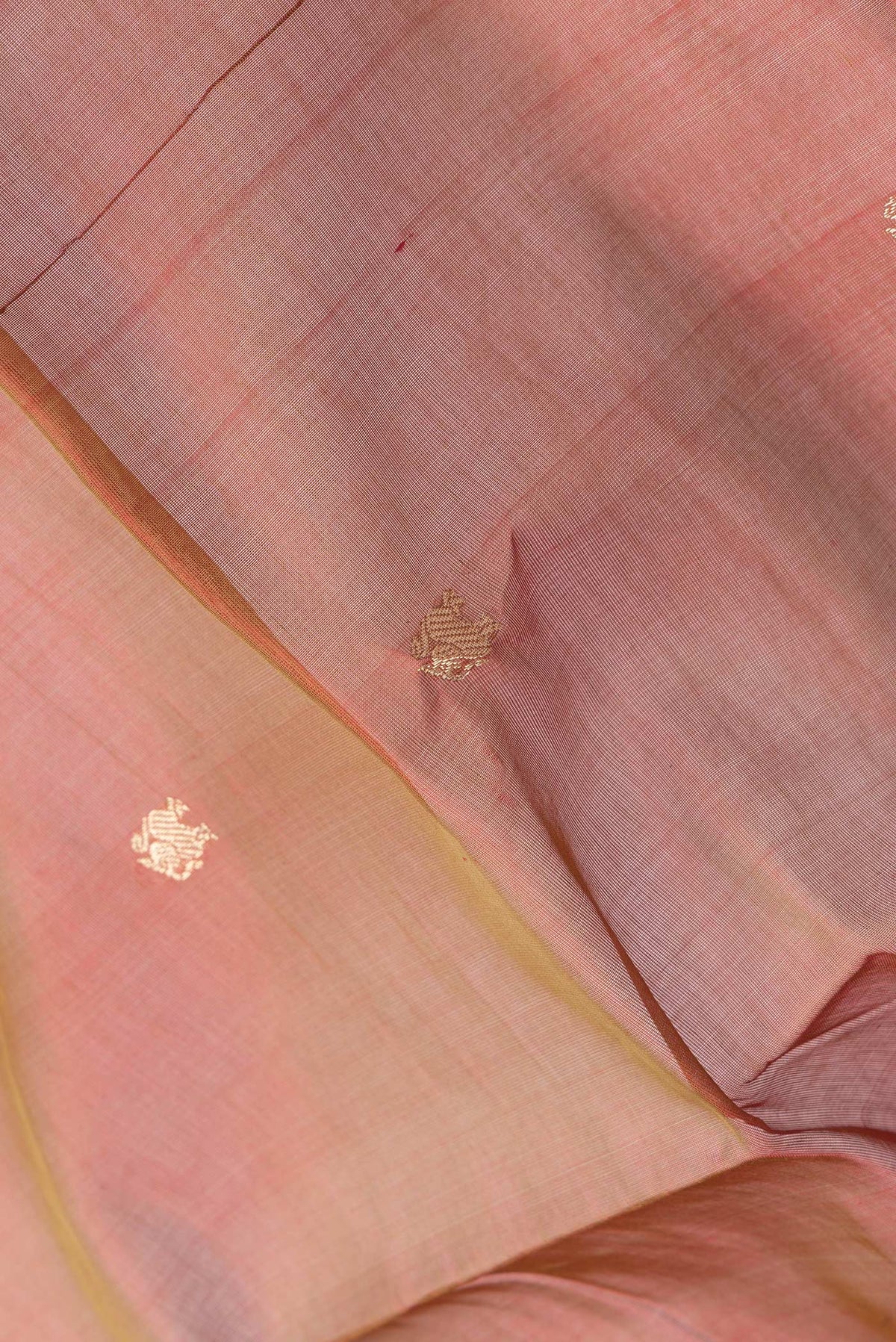 Close up of Maroon Dual Tone Silk Cotton Saree with Zari Butta on the body and Zari Border.  displaying folds