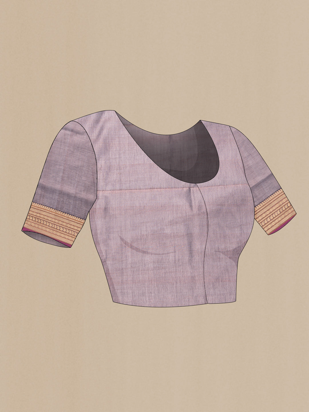 Close up image of the blouse of Burgundy Dual Tone Silk Cotton Saree with Stripes on the body and Zari Border. 