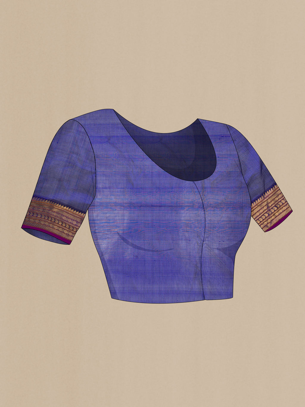 Close up image of the blouse of Royal Blue Dual Tone Silk Cotton Saree with Stripes on the body and Zari Border. 